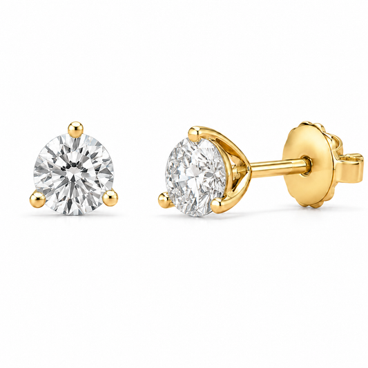 3 Prong Round Lab Grown Diamond Studs Yellow Gold