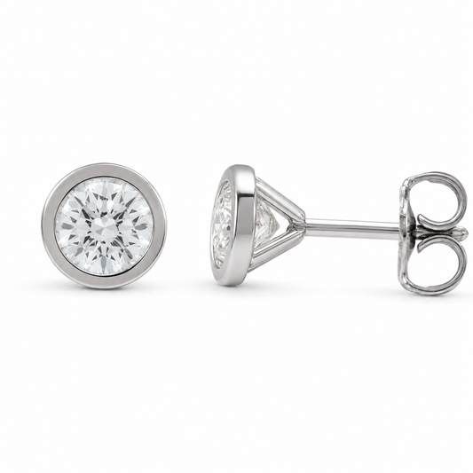Bezel set round lab grown diamond studs white gold