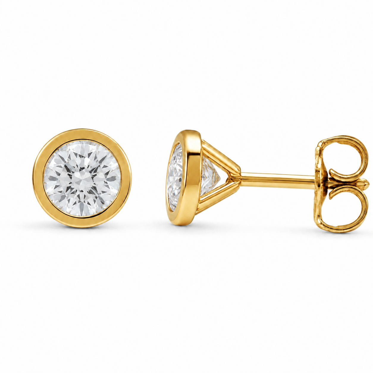 Bezel Set Round Lab Grown Diamond Studs Yellow Gold